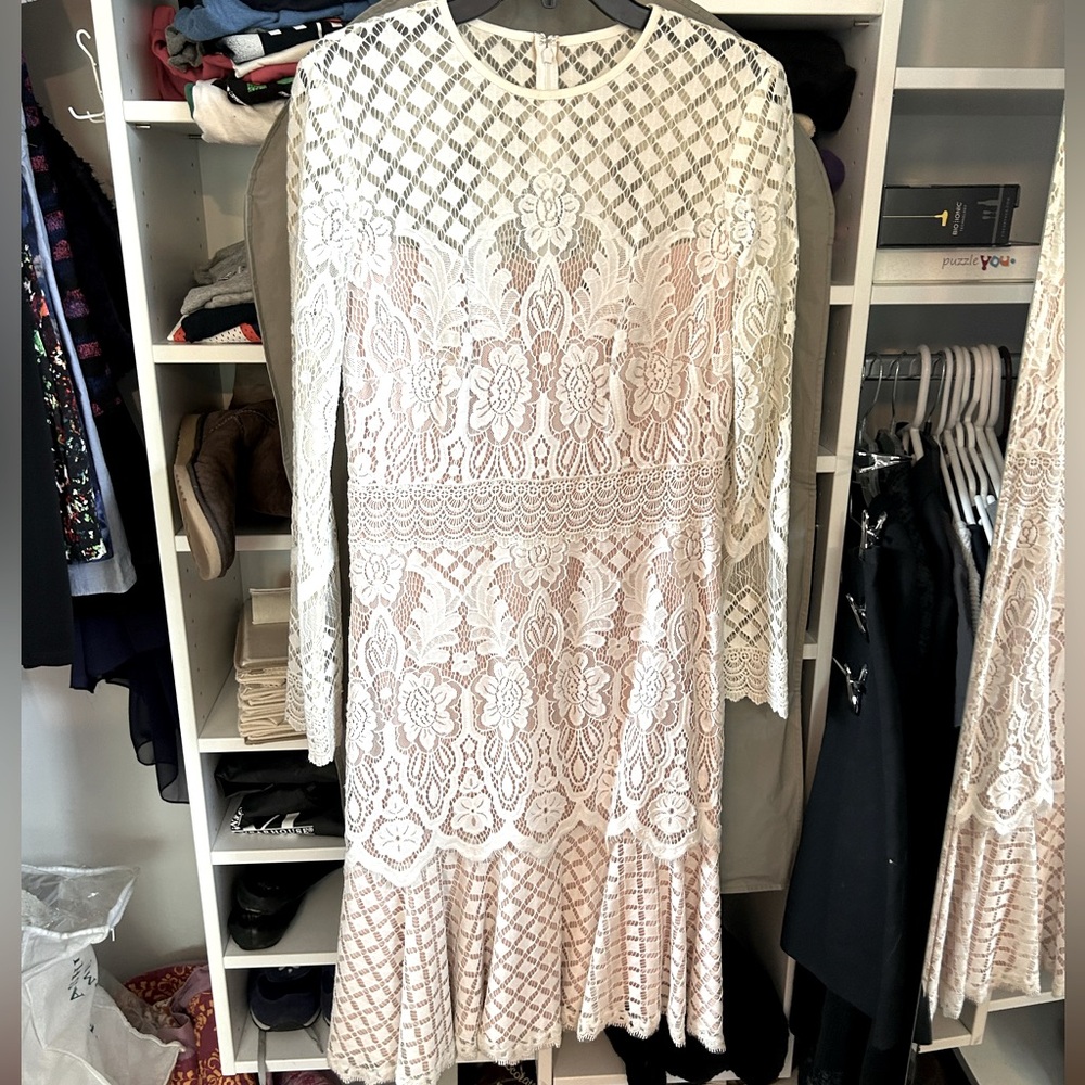Tadashi Shoji Lace Pattern Knee Length Long Sleeve White Dress (worn once!)